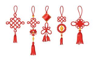 Fortune red knots with beads and dragon face flat color objects set. Chinese New Year illustrations bundle on white background vector