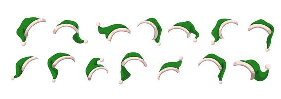 Funny green elves hats with pompoms flat color objects set. Christmas fairytale costumes caps illustrations bundle on white background vector