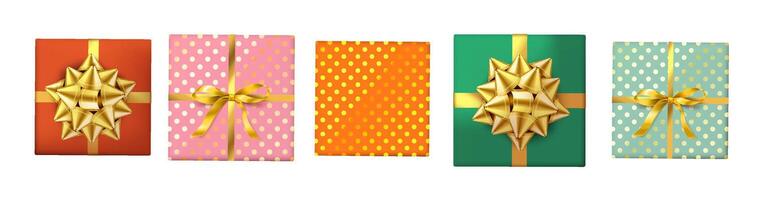 Christmas gift boxes realistic color icons set top view. Presents creating festive celebratory atmosphere 3d objects bundle on white background vector