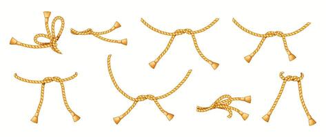 Golden silk ropes tied in various intricate knots realistic color icons set. Elegant tassels on twines 3d objects bundle on white background vector