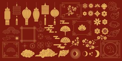 Traditional Chinese ornaments and frames linear glyph icons collection. Ancient Asian folklore culture art objects set on red background vector