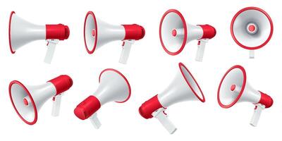 Modern megaphones of various perspectives realistic illustration set. Loudspeakers for public announcements 3d models on white background vector