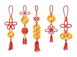 Chinese New Year knots with gold coins flat color objects set. Asian festive prosperity symbols illustrations bundle on white background vector