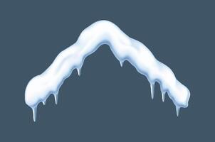 Snow layer with icicles on rooftop realistic illustration. Winter season cozy atmosphere decorative element 3d object on grey background vector