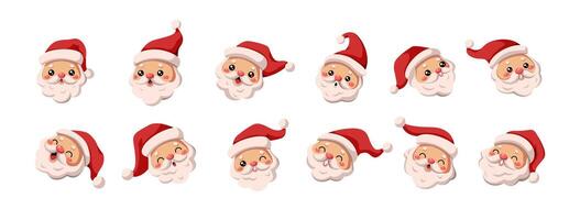 Santa Claus heads displaying unique expressions avatars flat color icon set. Atmosphere of Christmas celebration characters pack on white vector