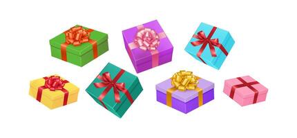 Holiday gift boxes of various sizes realistic color icons set. Perfect for holiday celebration 3d objects bundle on white background vector