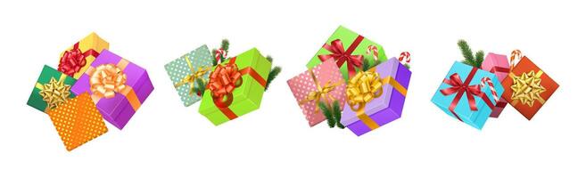 Vibrant groups of Christmas gift boxes with ribbons and bows realistic color icons set. Presents festive atmosphere 3d objects bundle on white vector