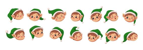 Funny elves with green hats avatars flat color icon set. Christmas atmosphere with cute fairy tale characters pack on white vector
