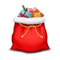 Festive Christmas bag loaded with gifts realistic illustration. Candy canes fir branch and presents in sack 3d object on white vector
