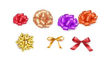 Shiny ribbons and bows adding touch of elegance to gifts realistic color icons set. Happy holiday spirit with vibrant decor 3d objects bundle on white vector