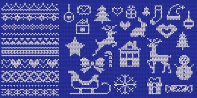 Knitted Christmas patterns and symbols illustrations set on blue background. Traditional New Year holiday design elements collection vector