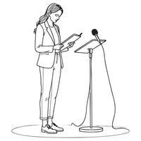 A woman is standing in front of a microphone and holding a piece of paper vector
