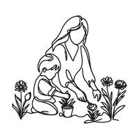 One continuous single drawing black line art doodle of a mother and son planting flower vector