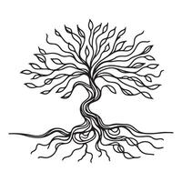 One continuous single drawing black line art doodle of a tree with twisting branches and roots vector