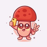 happy mushroom character mascot taking a selfie with a smartphone isolated cartoon vector