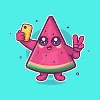 smiling watermelon slice fruit character mascot taking a selfie with a smartphone isolated cartoon vector