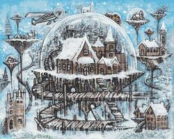 Winter wonderland in miniature land of witner design by hand painting on canvas and make graphic . vector