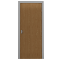 A wooden door with a metal frame and a white handle png