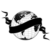 A black and white drawing of a globe with a ribbon around it png
