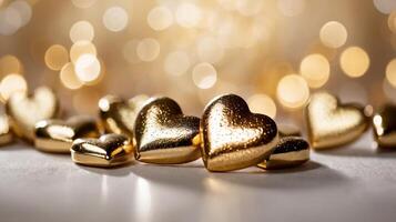 Close-up of golden heart decorations on a soft glowing bokeh background, creating a romantic and luxurious atmosphere. Valentines day photo