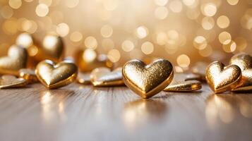 Close-up of golden heart decorations on a soft glowing bokeh background, creating a romantic and luxurious atmosphere. Valentines day photo