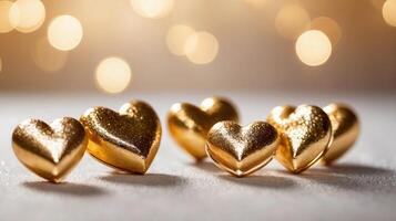Close-up of golden heart decorations on a soft glowing bokeh background, creating a romantic and luxurious atmosphere. Valentines day photo