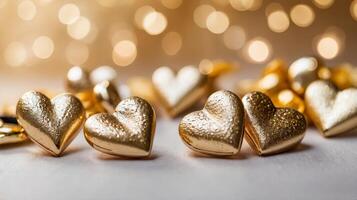 Close-up of golden heart decorations on a soft glowing bokeh background, creating a romantic and luxurious atmosphere. Valentines day photo