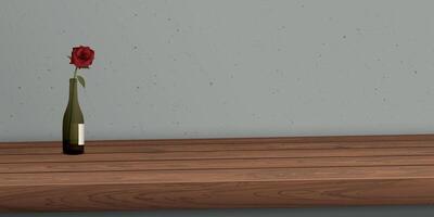 Wooden counter with red rose in the bottle of liquor have blank space for place the products presentation and have cement wall background graphic illustration. vector