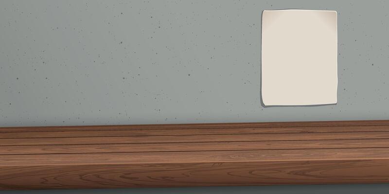 Wooden counter mocha mousse tone have blank space for place the products presentation and have blank old poster for advertisement on cement wall graphic illustration.