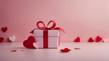 Pink gift box with red ribbon surrounded by roses and red heart shapes on a gradient pink background, concept of romance. Valentines day photo