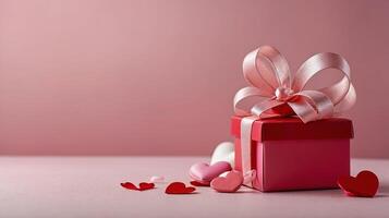 Pink gift box with red ribbon surrounded by roses and red heart shapes on a gradient pink background, concept of romance. Valentines day photo