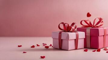 Pink gift box with red ribbon surrounded by roses and red heart shapes on a gradient pink background, concept of romance. Valentines day photo