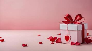 Pink gift box with red ribbon surrounded by roses and red heart shapes on a gradient pink background, concept of romance. Valentines day photo