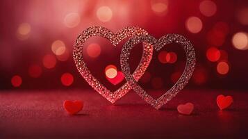 Glittery heart ornament hanging by a ribbon, surrounded by soft bokeh hearts on a pink background. Concept of love and romance. Valentines day background photo
