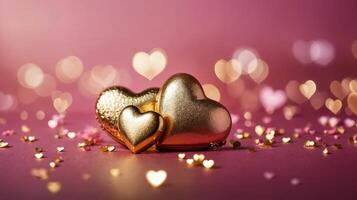 Glittery heart ornament hanging by a ribbon, surrounded by soft bokeh hearts on a pink background. Concept of love and romance. Valentines day background photo