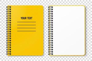 Top view of yellow spiral notebook with space for your image or text isolated on white background for mockup. Design concept. vector