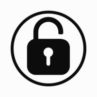 White opened padlock in black circle icon design on isolated white background. Clipart illustration. Unlock sign for website or apps vector