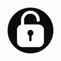 White opened padlock in black circle icon design on isolated white background. Unlock sign for website or apps vector