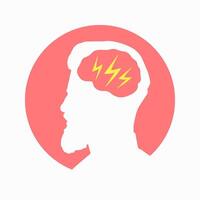 Migraine linear icon. Human head with lightning bolt. Thunderclap head. Temple pressure, pain. Flu symptom. outline symbol. illustration isolated outline drawing in red and yellow color vector
