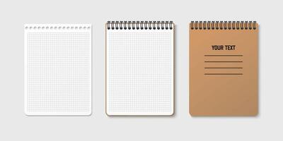 Horizontal spiral spring notepad with space for your image or text on gray isolated background in three variations. Checkered sheet. Notebook clipart illustration. Top view vector