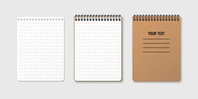 Horizontal spiral spring notepad with space for your image or text on gray isolated background in three variations. Lined sheet. Notebook clipart illustration. Top view vector