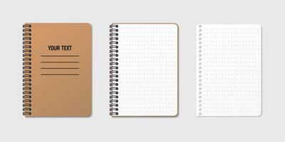 Vertical spiral spring notepad with space for your image or text on gray isolated background in three variations. Dotted sheet. Notebook clipart illustration. Top view vector