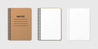 Vertical spiral spring notepad with space for your image or text on gray isolated background in three variations. Clean empty sheet. Notebook clipart illustration. Top view vector
