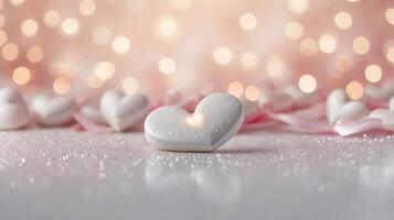 Close-up of red and white decorative hearts on a light surface with golden bokeh lights, symbolizing love and romance. Valentines day background photo