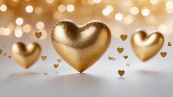 Close-up of golden heart decorations on a soft glowing bokeh background, creating a romantic and luxurious atmosphere. Valentines day photo
