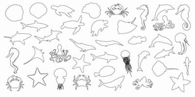 Collection set of black outline silhouettes of fish, seahorse, shells, octopuses, dolphins, sharks, whales, crabs and stingrays on a white background. Clipart vector