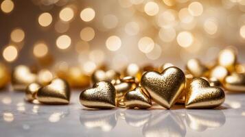 Close-up of golden heart decorations on a soft glowing bokeh background, creating a romantic and luxurious atmosphere. Valentines day photo