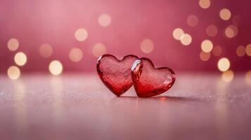 Glittery heart ornament hanging by a ribbon, surrounded by soft bokeh hearts on a pink background. Concept of love and romance. Valentines day background photo