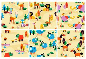 Decorative pattern with hand drawn animals outside vector