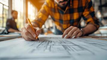 Architect design working drawing sketch plans blueprints and making architectural construction model in architect studio. photo
